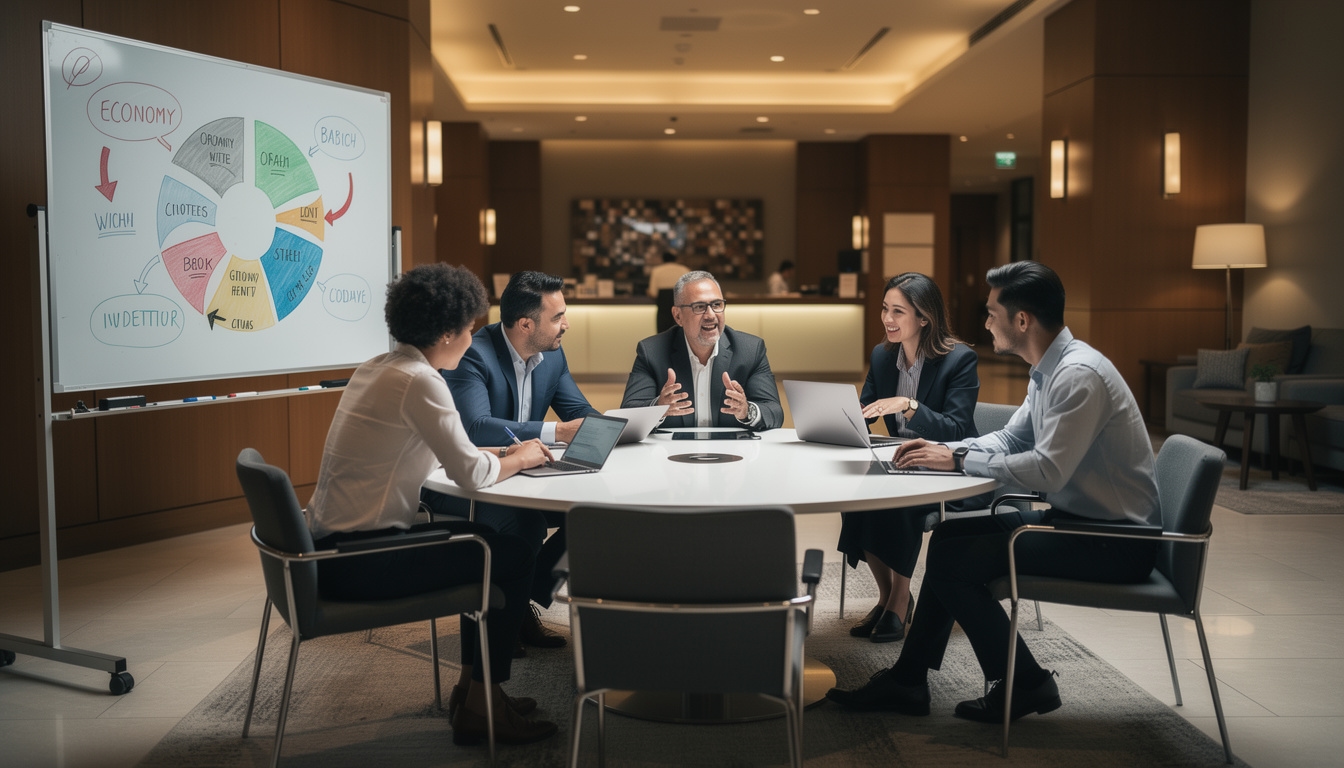 Grupo de emprendedores debatiendo sobre economía circular