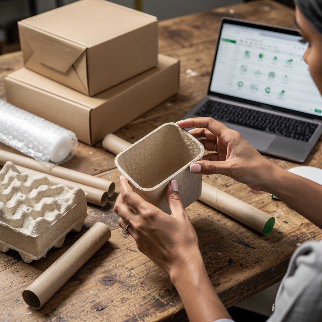 Muestras de packaging sostenible sobre mesa de trabajo